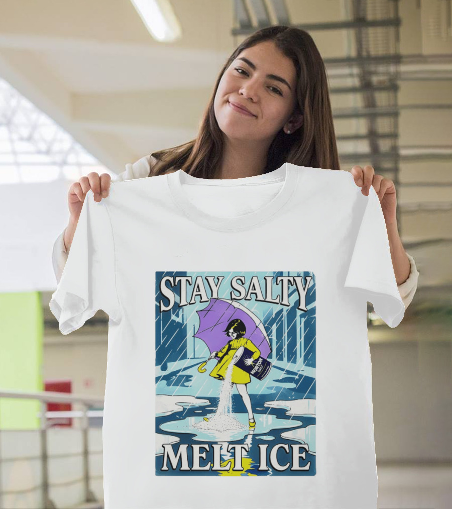 Morton Salt Stay Salty Melt ICE Umbrella Girl Retro Rain Scene T-Shirt