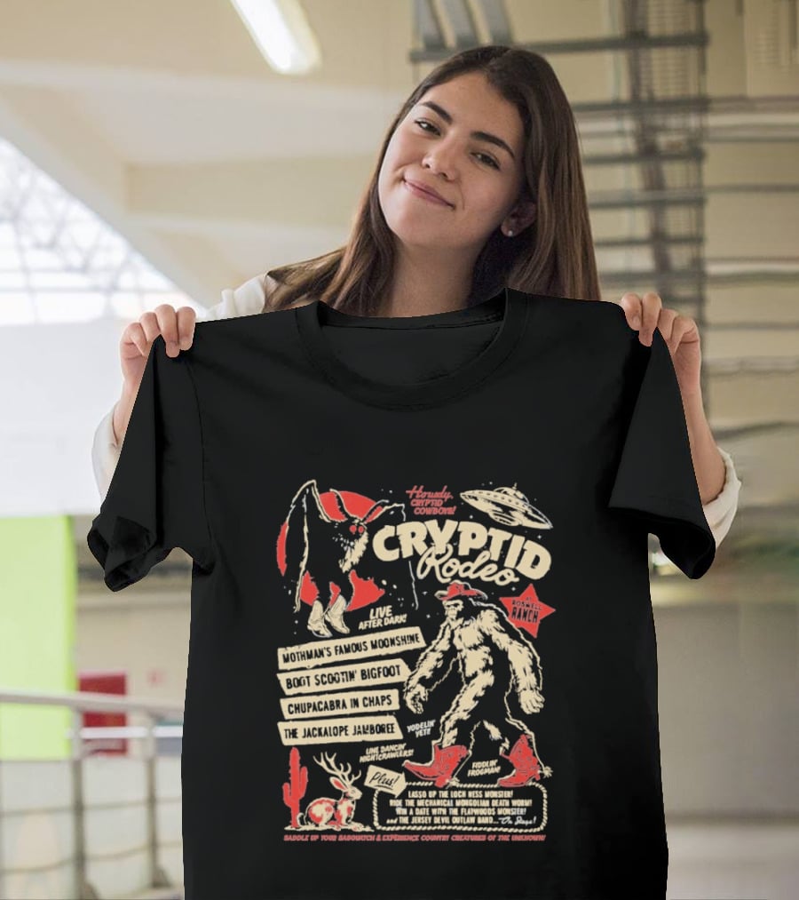 Howdy Cryptid Rodeo Yeti Sasquatch UFO Cactus Jackalope Chupacabra T-Shirt