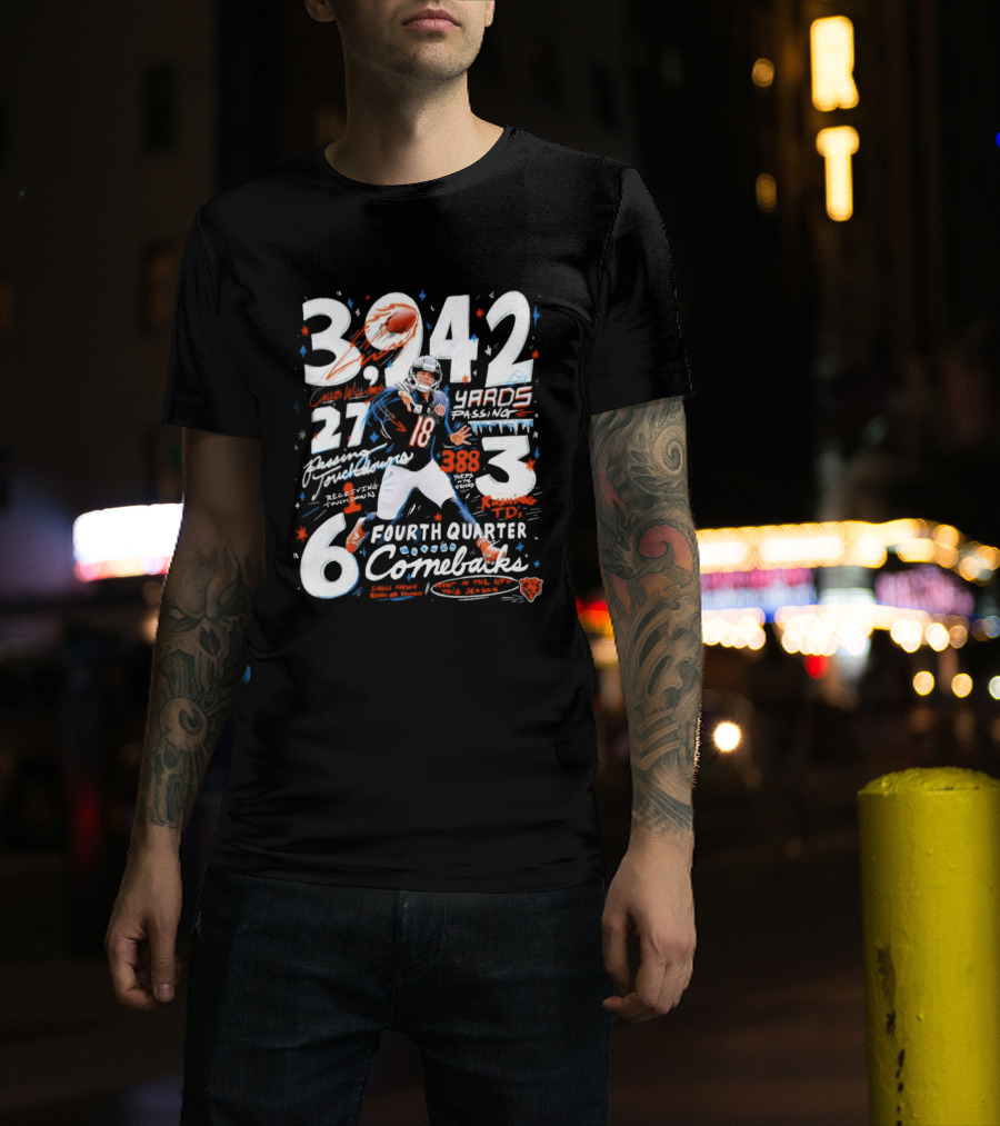 Caleb Williams Chicago Bears 2026 3,242 Yards Passing 27 Touchdowns 6 Fourth Quarter Comebacks 3 Wins T-Shirt