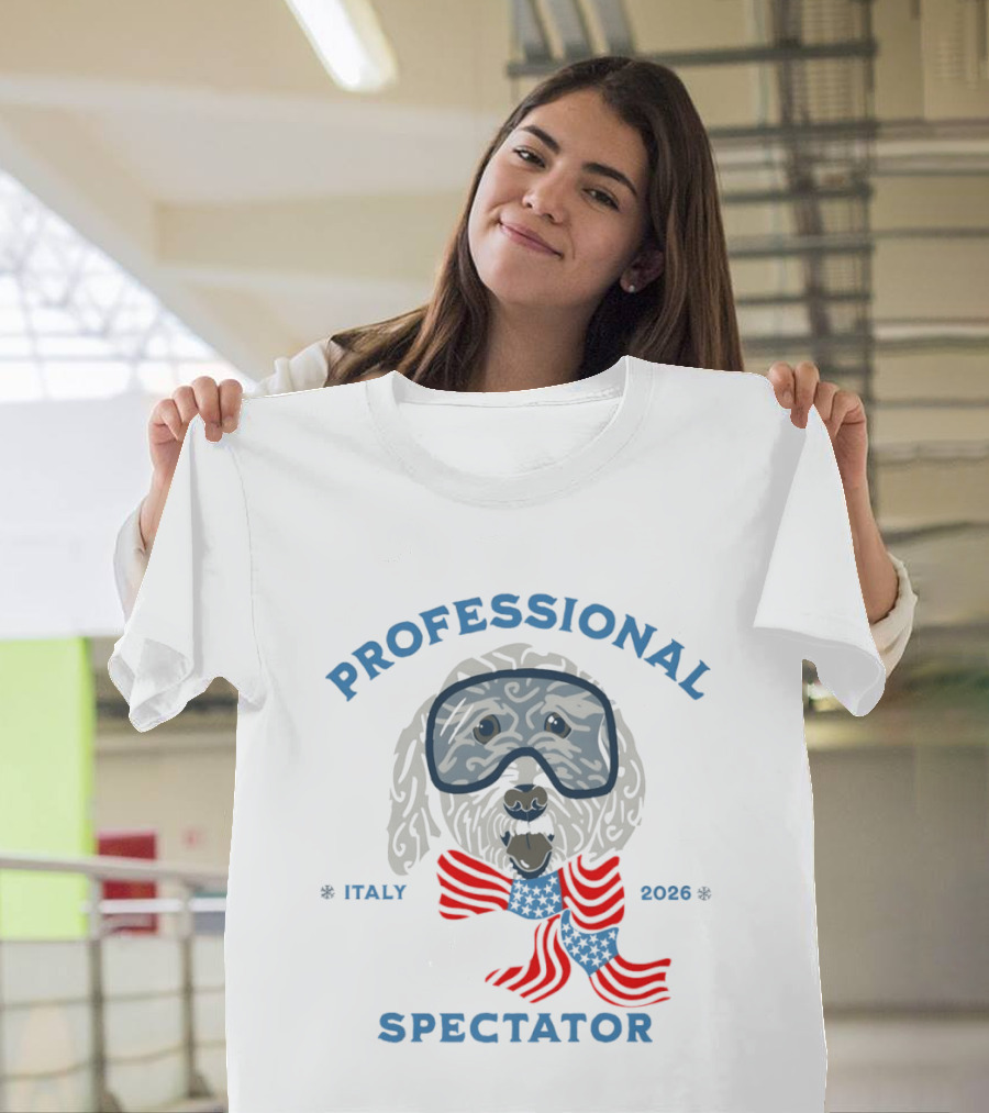 Professional Spectator Italy 2026 Winter Games Dog with Goggles and Scarf T-Shirt
