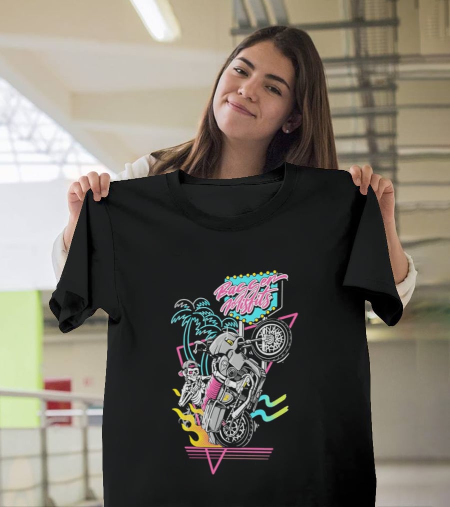 Bagger Misfits Skeleton Motorcycle Wheelie Neon 80s Palm Trees T-Shirt