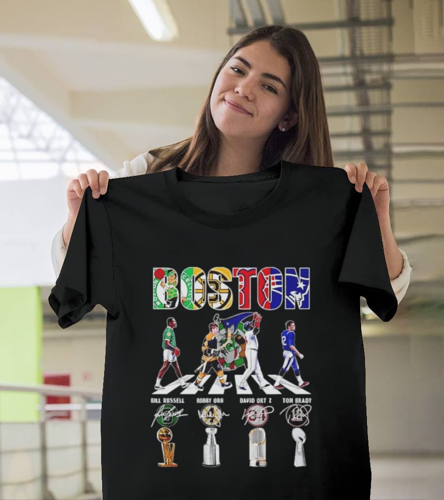Boston Celtics Bruins Red Sox Patriots Bill Russell Bobby Orr David Ortiz Tom Brady Trophies Legends Signatures T-Shirt