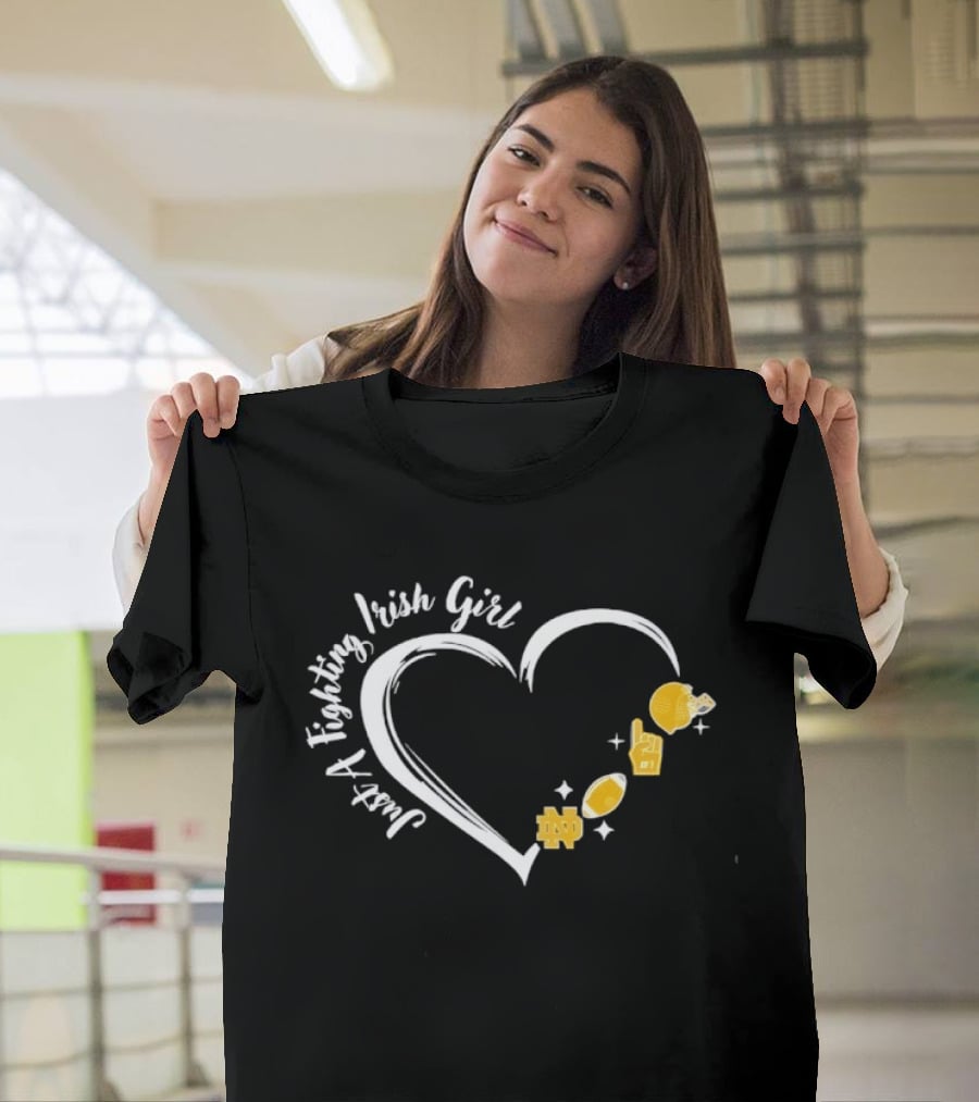Just A Notre Dame Fighting Irish Girl Heart With Football Icons And Gold Accents T-Shirt