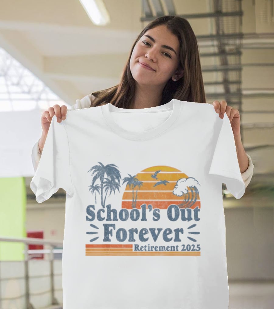 School'S Out Forever Retirement 2025 Tropical Sunset Vintage Palm Trees Birds Waves T-Shirt