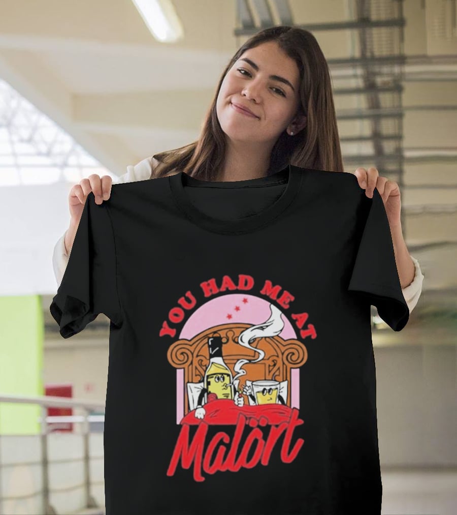 You Had Me At Malört Funny Whiskey Bottle And Glass Bedroom Scene T-Shirt