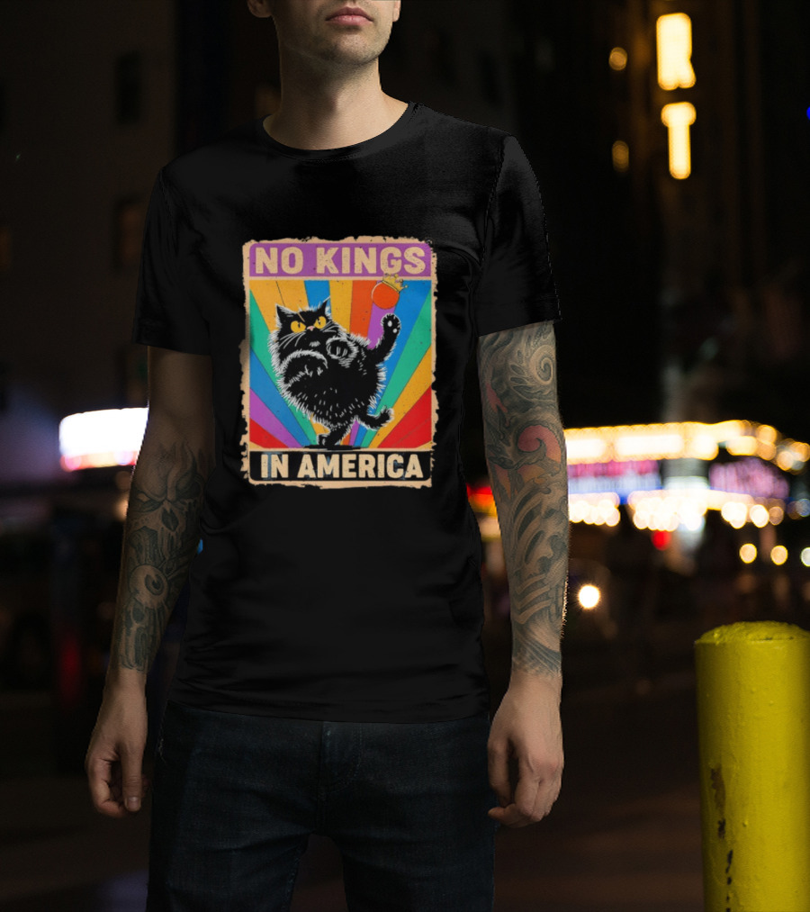 No Kings In America Black Cat Anti Trump Rainbow Kingslayer T-Shirt