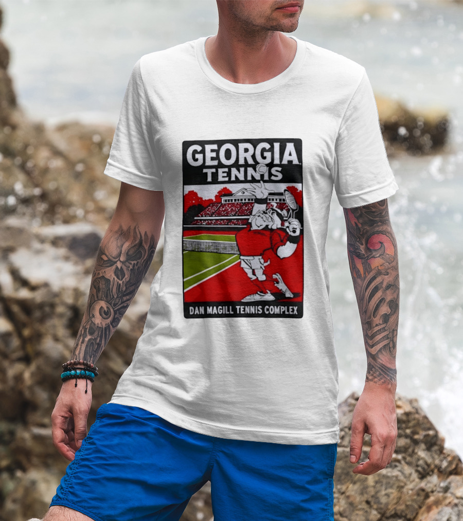Georgia Tennis Dan Magill Tennis Complex Cartoon Character Court Scene T-Shirt