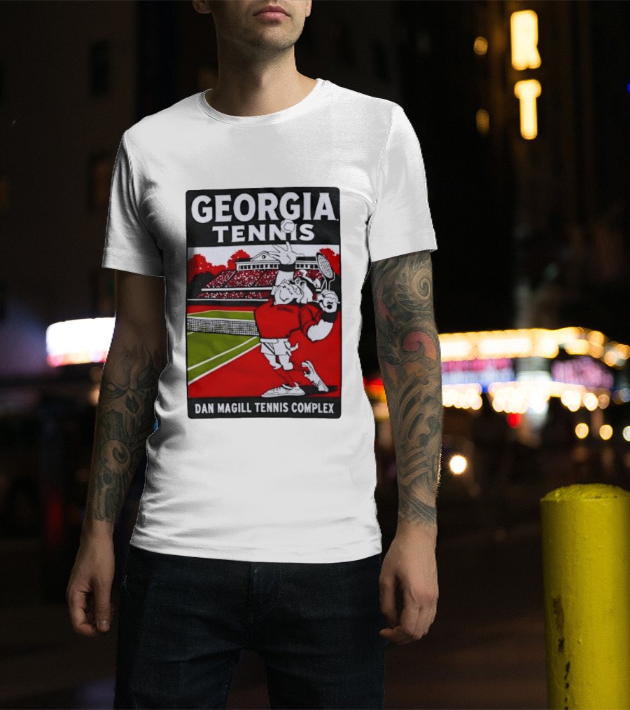 Georgia Tennis Dan Magill Tennis Complex Cartoon Character Court Scene T-Shirt
