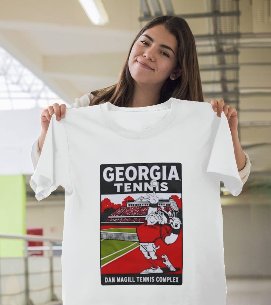 Georgia Tennis Dan Magill Tennis Complex Cartoon Character Court Scene T-Shirt