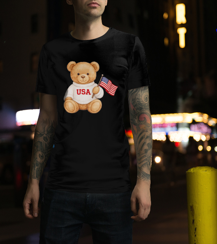 USA Teddy Bear Holding American Flag T-Shirt