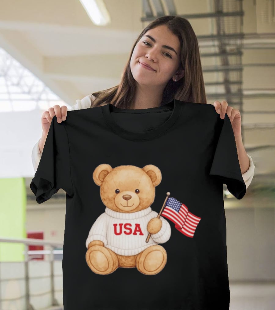 USA Teddy Bear Holding American Flag T-Shirt
