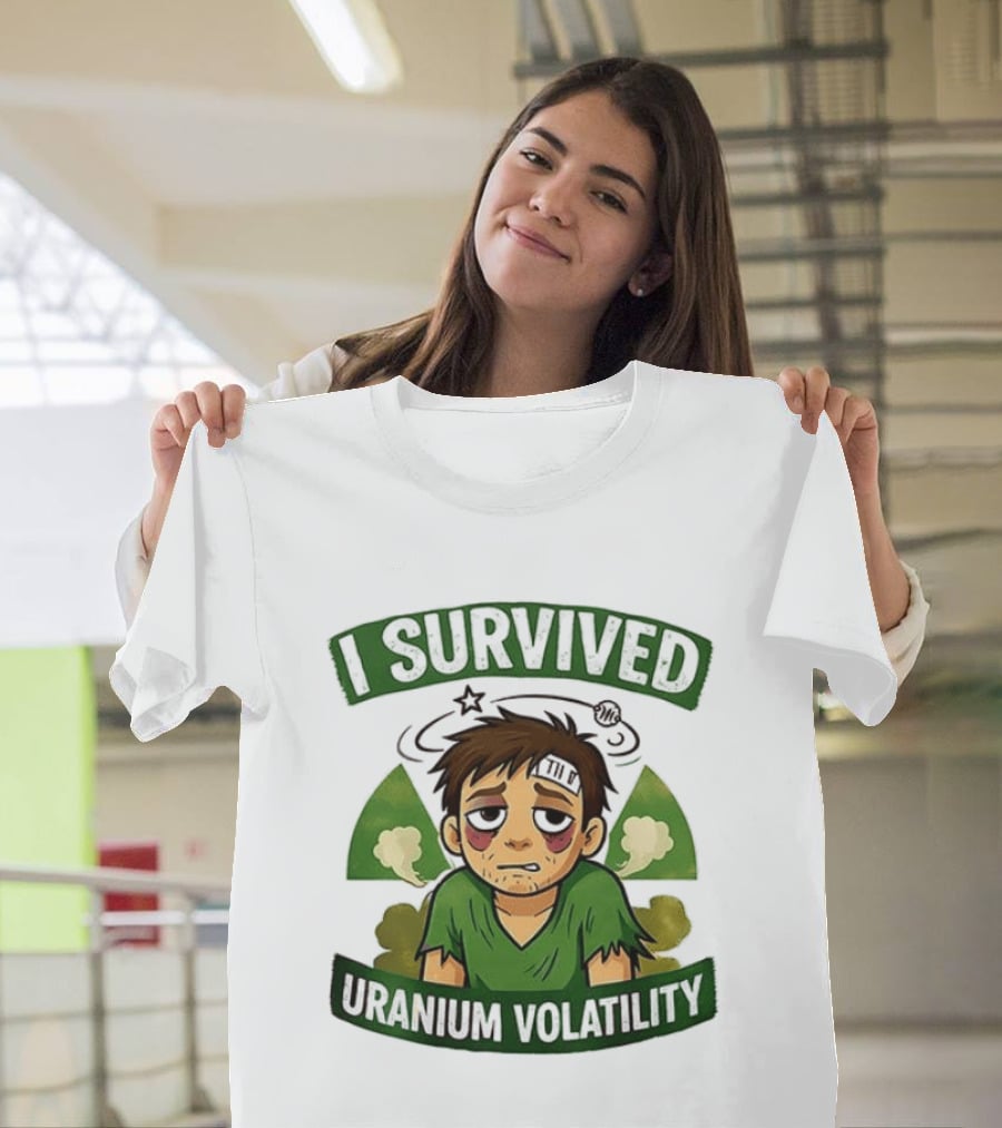 I Survived Uranium Volatility Exhausted Cartoon Character Wearing Torn Green T-Shirt