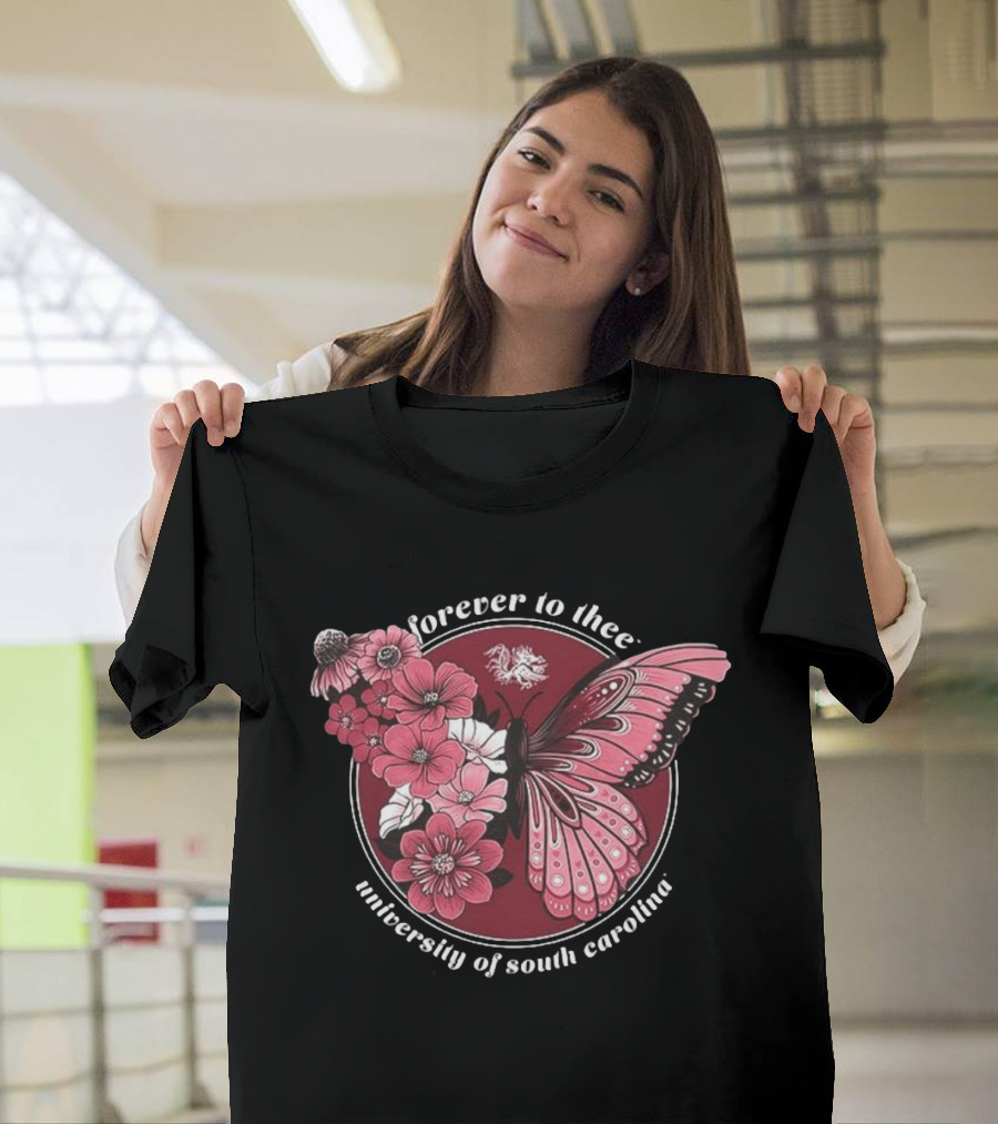 South Carolina Gamecocks Garnet Butterfly Forever To Thee University Flowers T-Shirt