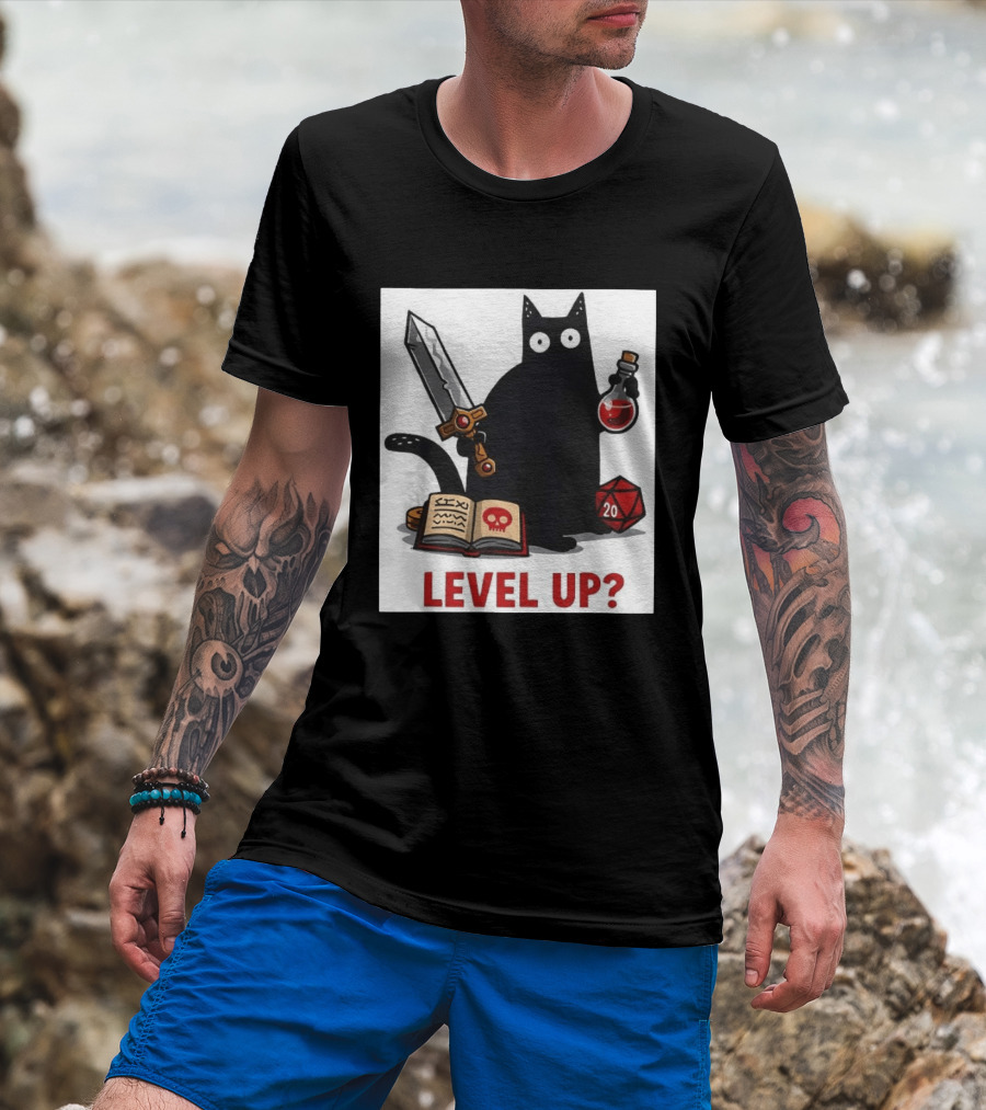 Black Cat Level Up Sword Potion D20 Dice Book Dungeons And Dragons T-Shirt