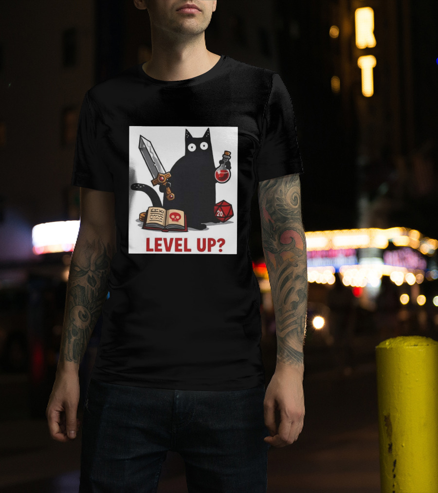 Black Cat Level Up Sword Potion D20 Dice Book Dungeons And Dragons T-Shirt