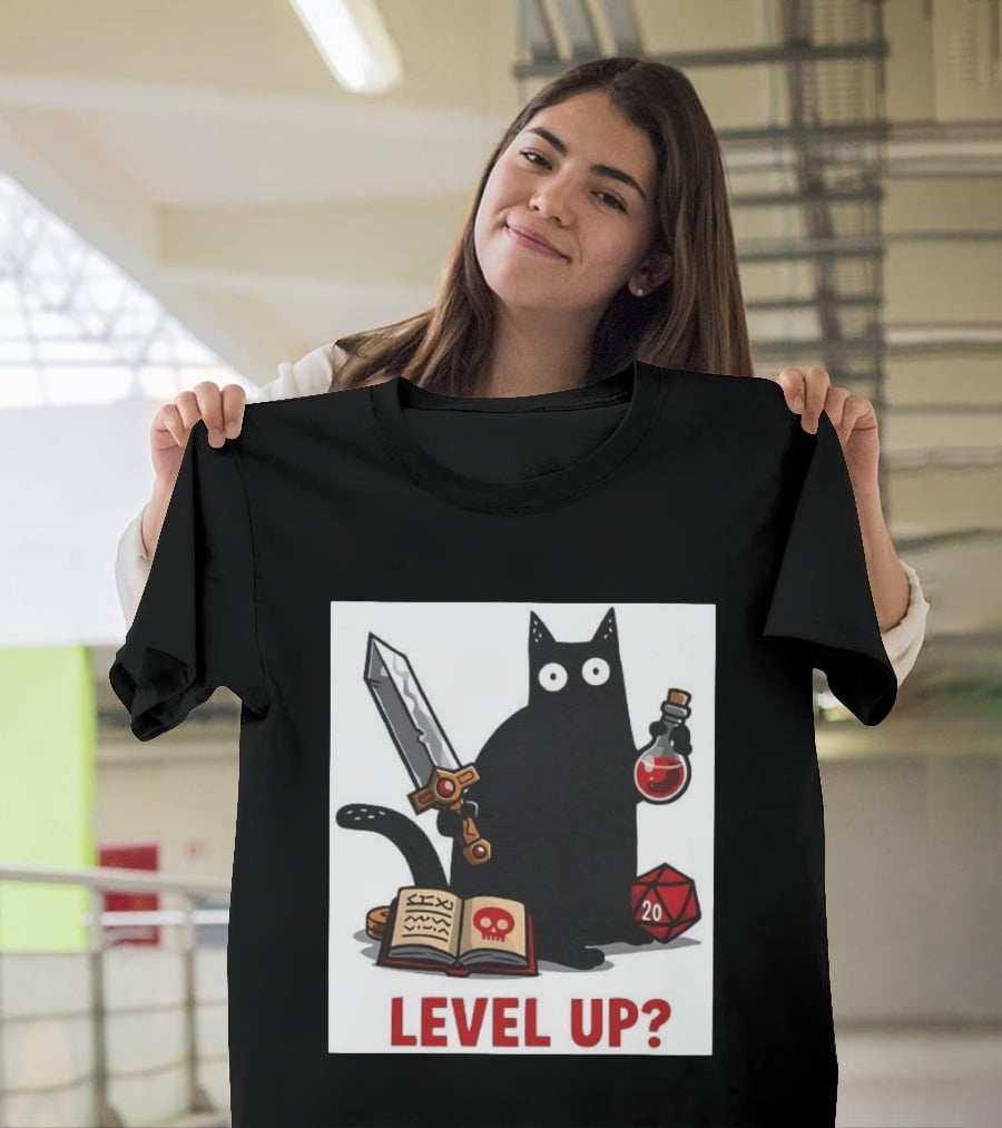 Black Cat Level Up Sword Potion D20 Dice Book Dungeons And Dragons T-Shirt