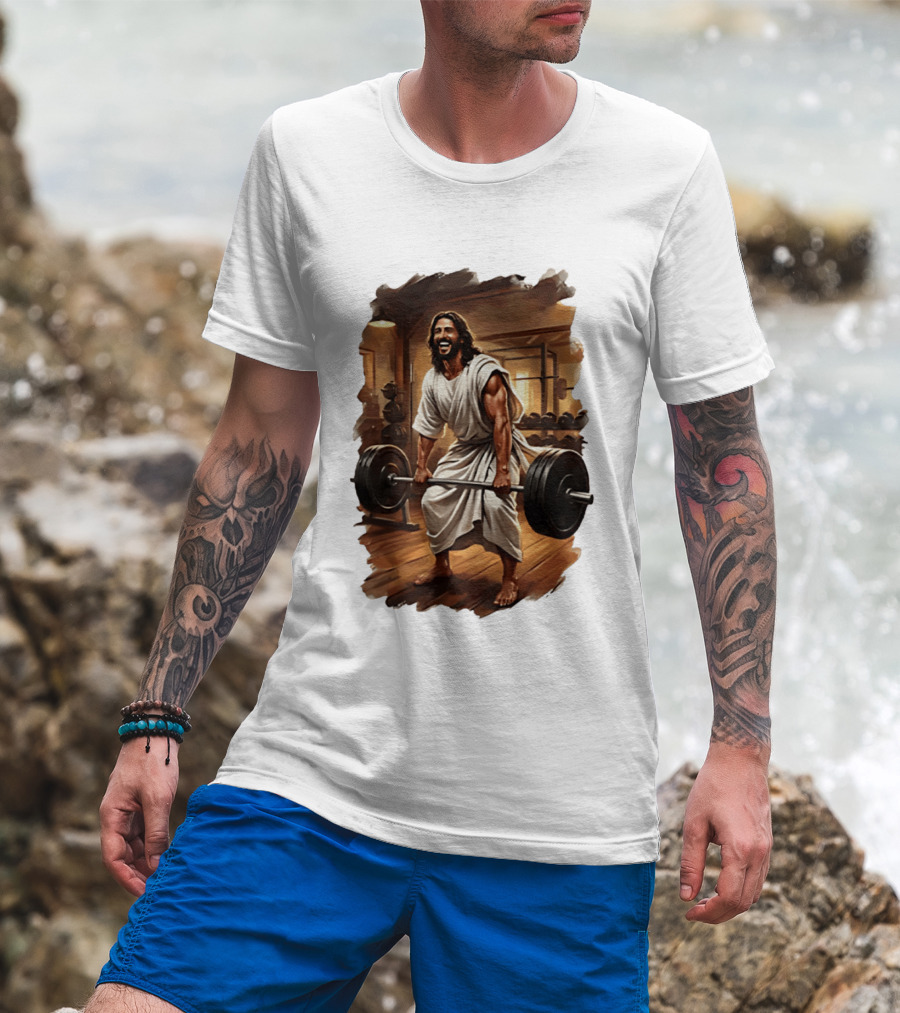 Jesus Lifting Weights In Gym Spiritual Fitness Motivation T-Shirt