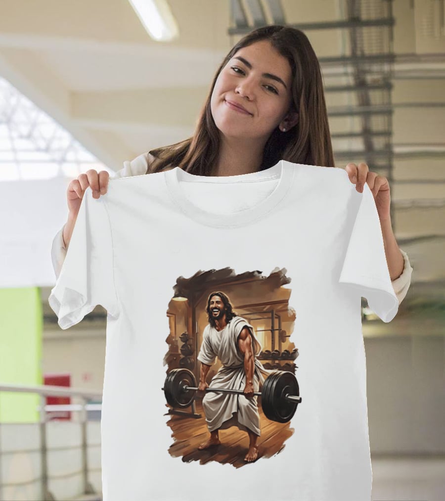 Jesus Lifting Weights In Gym Spiritual Fitness Motivation T-Shirt