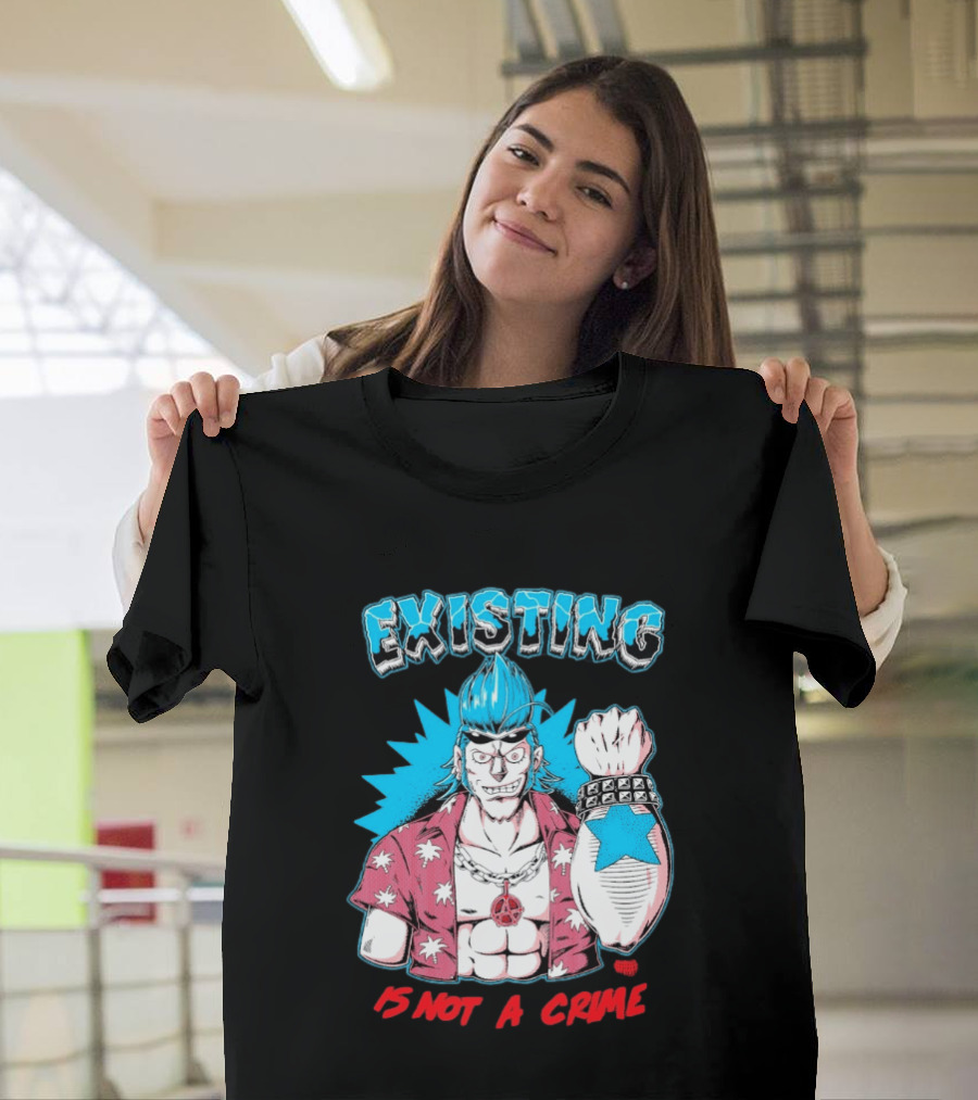 EXISTING IS NOT A CRIME Anime Punk Character Blue Hair Star Tattoo T-Shirt