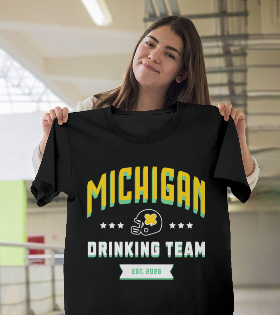 Michigan Wolverines Drinking Team St Patrick's Day Est 2026 Football Helmet Four Leaf Clover T-Shirt