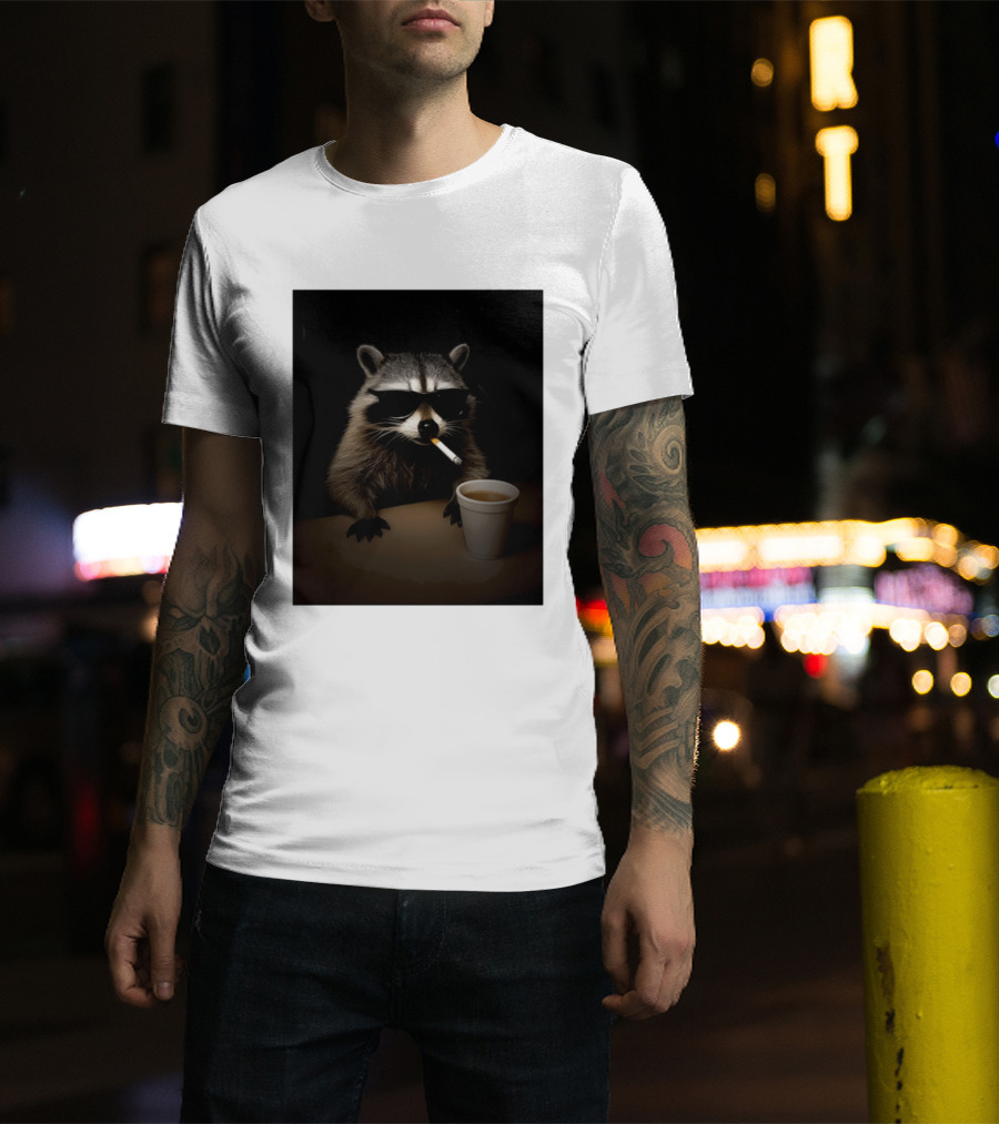 Raccoon Drinking Coffee Smoking Cigarette Wearing Sunglasses T-Shirt