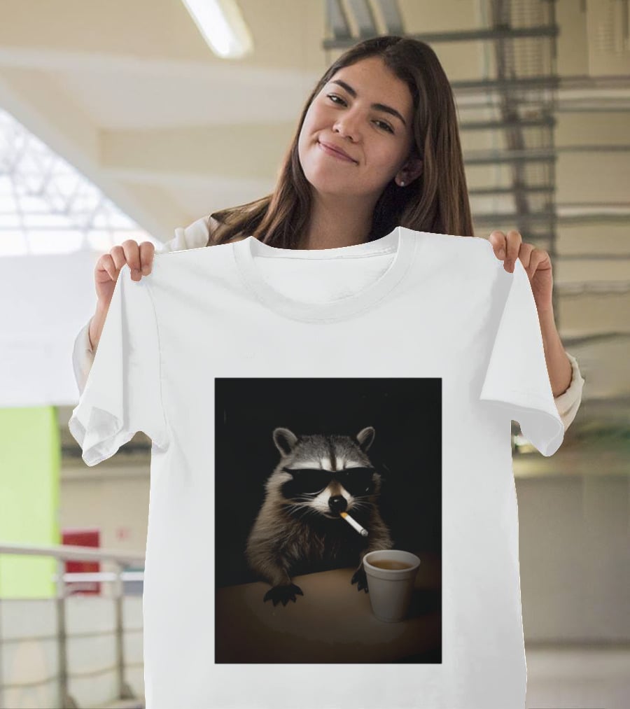 Raccoon Drinking Coffee Smoking Cigarette Wearing Sunglasses T-Shirt