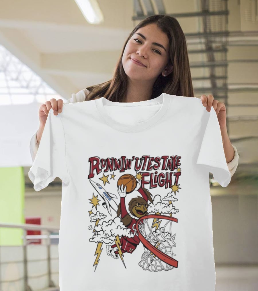 Runnin' Utes Take Flight Basketball Mascot Dunking With Clouds Lightning And Jet T-Shirt
