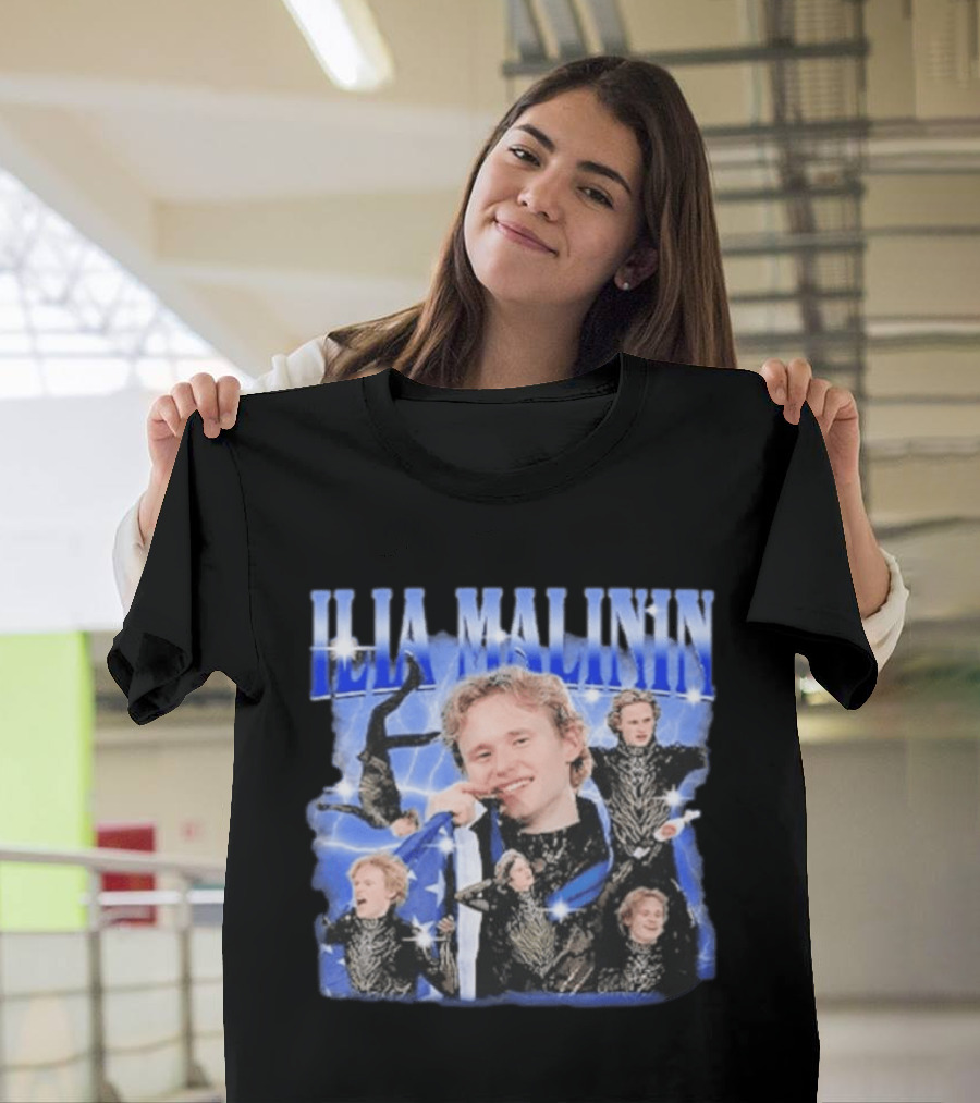 Ilia Malinin Figure Skating Star Blue Sparkle Montage T-Shirt