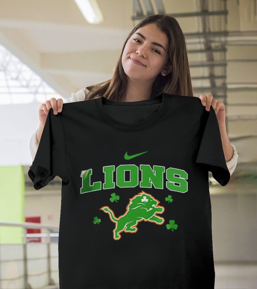 Detroit Lions Irish Theme With Green Shamrocks And Nike T-Shirt