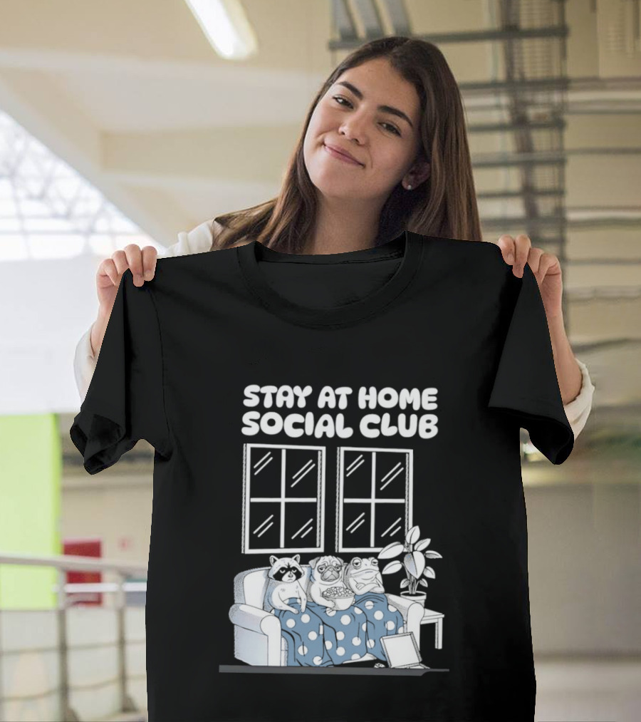 Stay At Home Social Club Raccoon Pug Frog Sofa Window Plant Scene T-Shirt