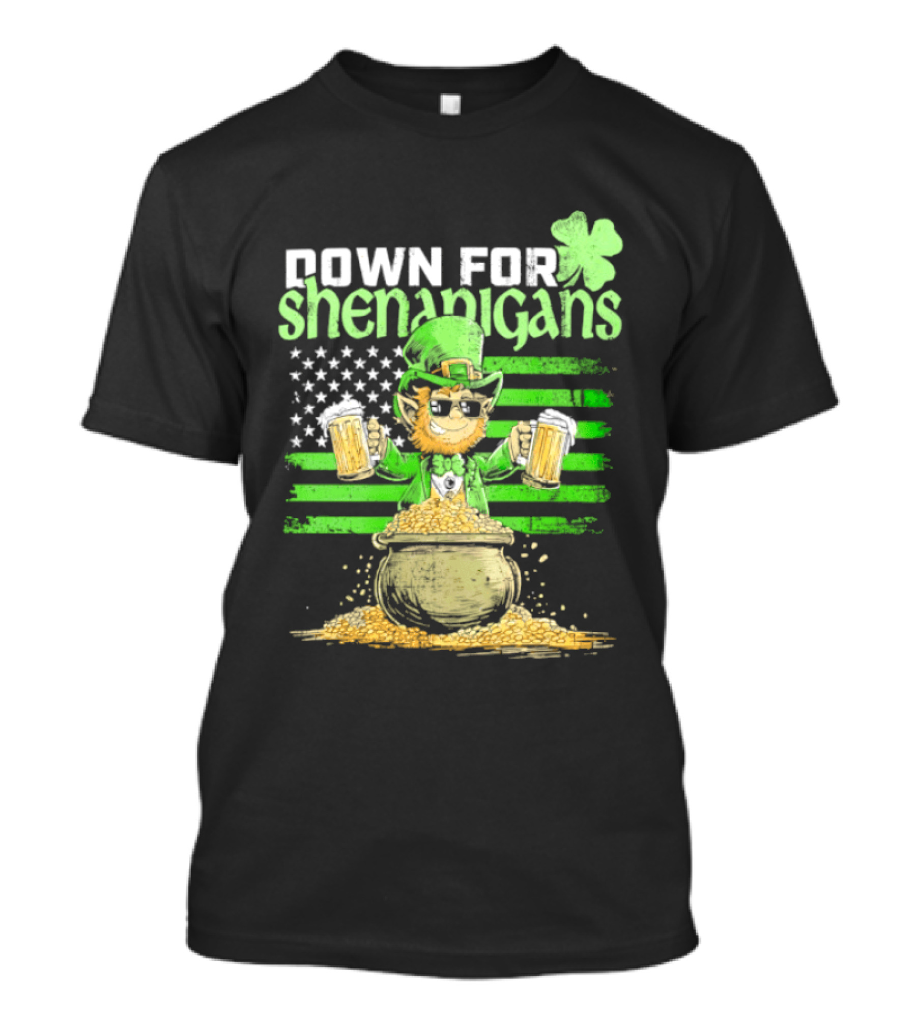 Down For Shenanigans Leprechaun With Beers And Clover American Flag T-Shirt