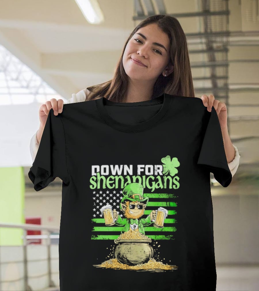 Down For Shenanigans Leprechaun With Beers And Clover American Flag T-Shirt