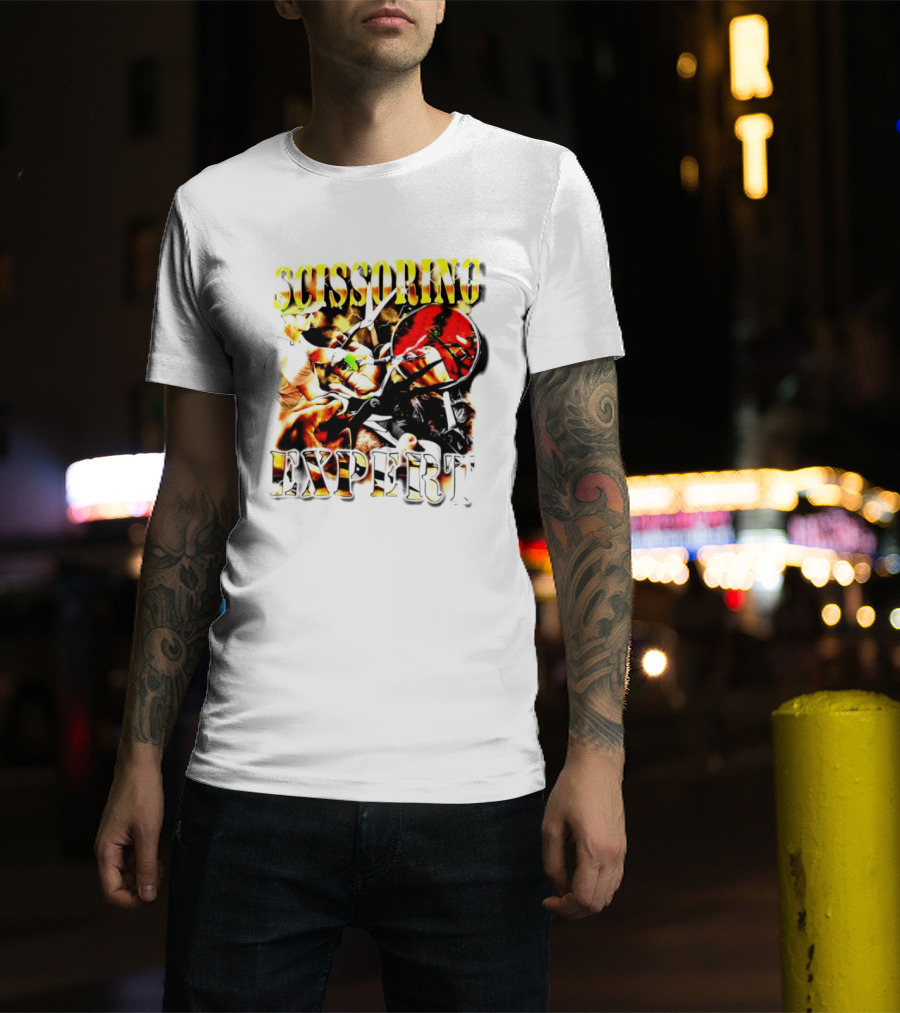 Scissoring Expert Vibrant Scissors Holding T-Shirt