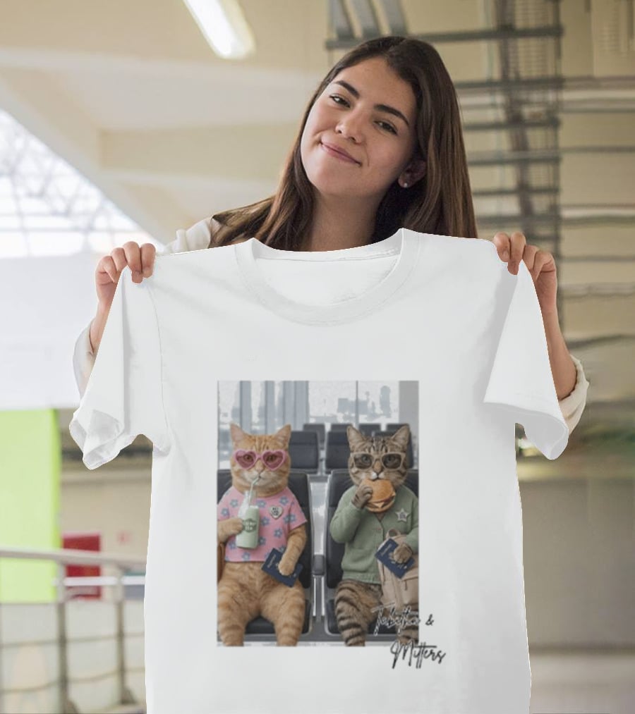 Tabitha & Mittens Airport Adventure Cats With Heart Glasses Milkshake Burger Passport T-Shirt