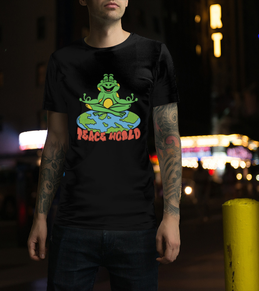 Meditating Frog Sitting On Planet Earth Peace World T-Shirt