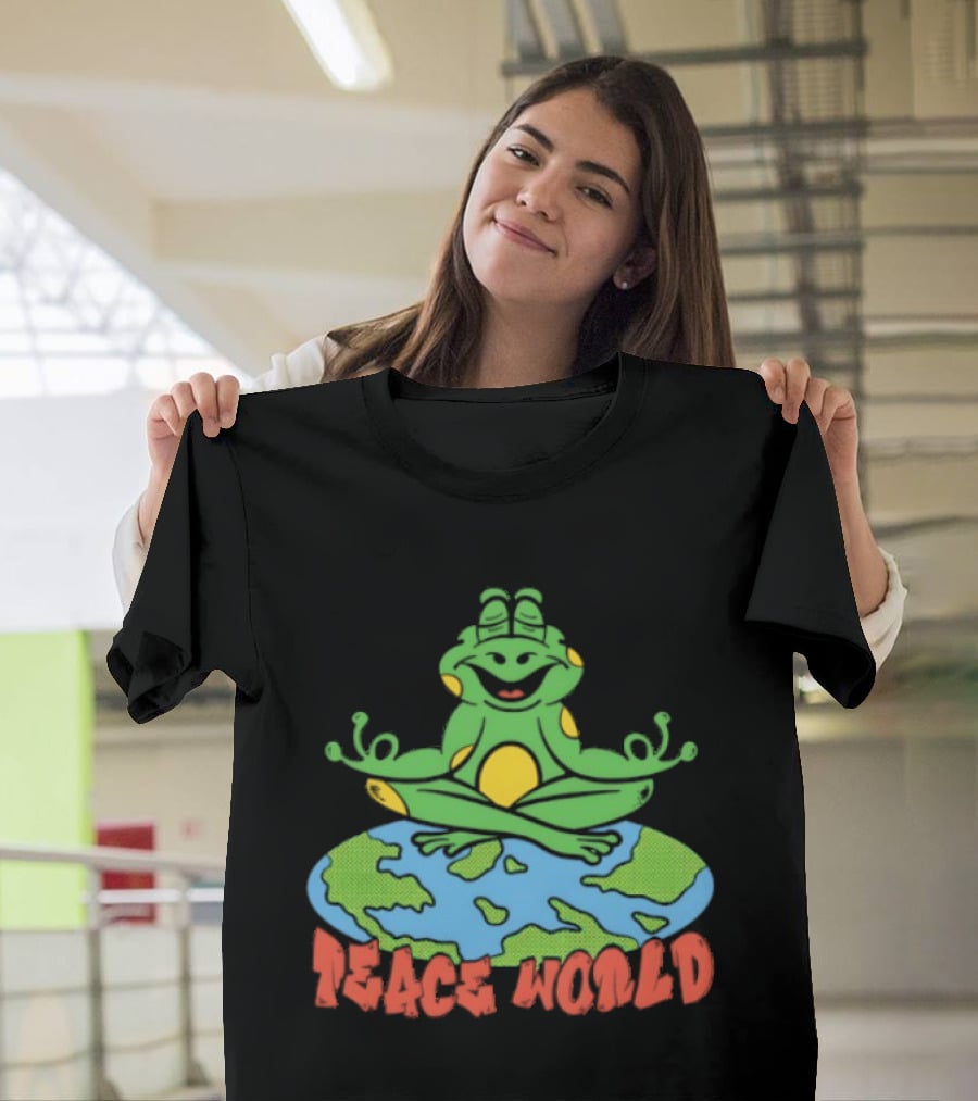 Meditating Frog Sitting On Planet Earth Peace World T-Shirt