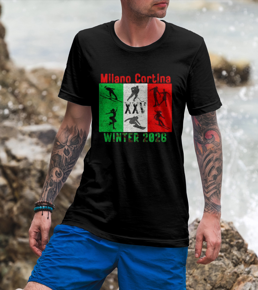 Milano Cortina Winter 2026 Italy Flag XXV Skiing Skating Snowboarding T-Shirt