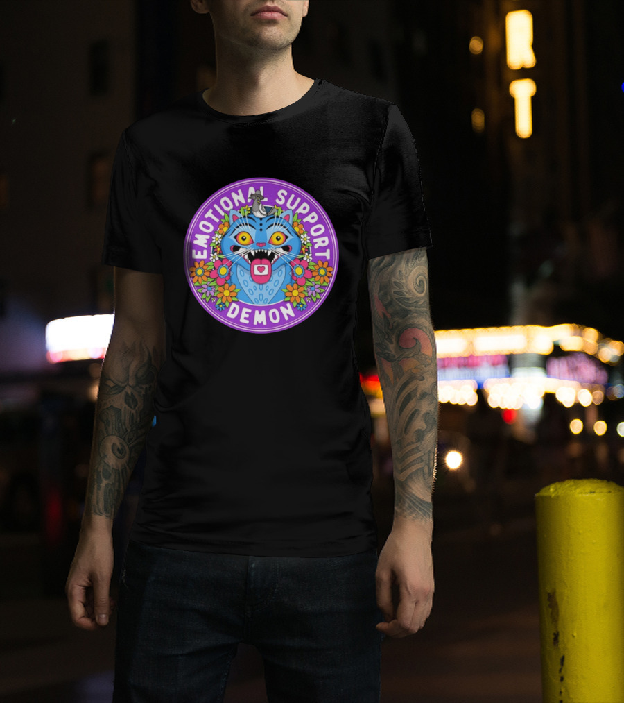 Emotional Support Derpy Demon Cat Surrounded By Flowers And Bird T-Shirt