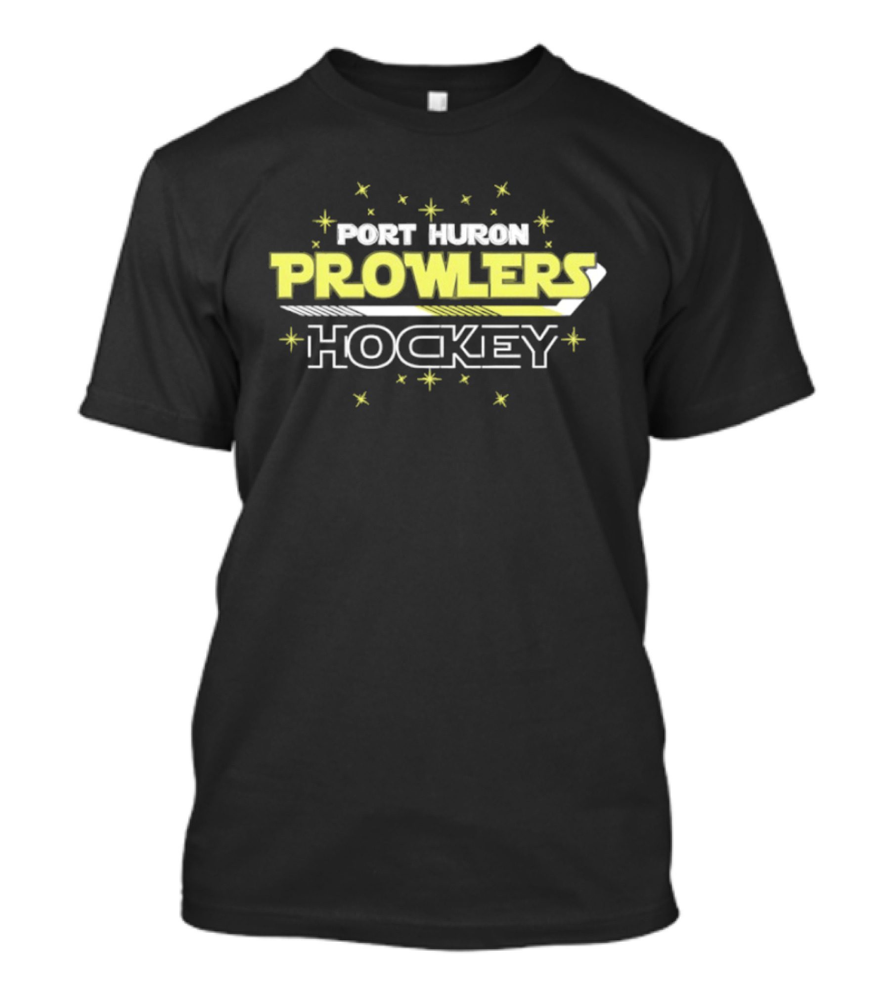 Port Huron Prowlers Hockey Team Yellow Text With Stars And Stick T-Shirt