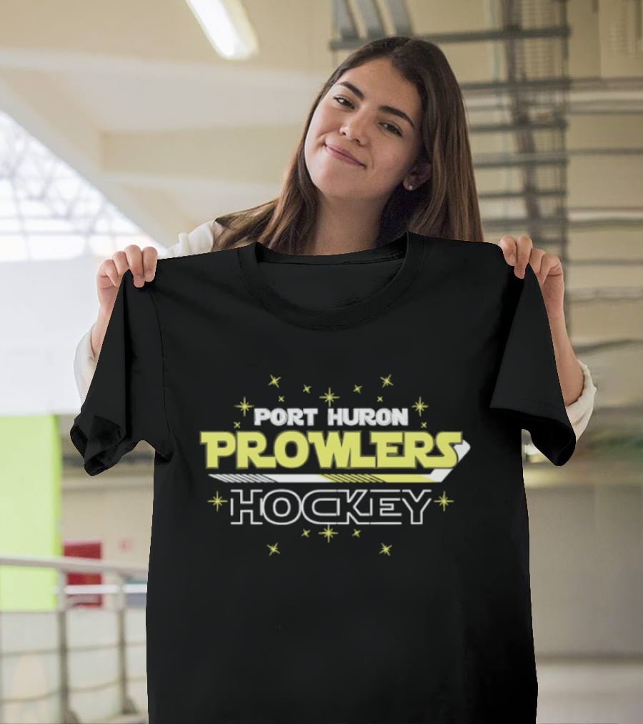 Port Huron Prowlers Hockey Team Yellow Text With Stars And Stick T-Shirt