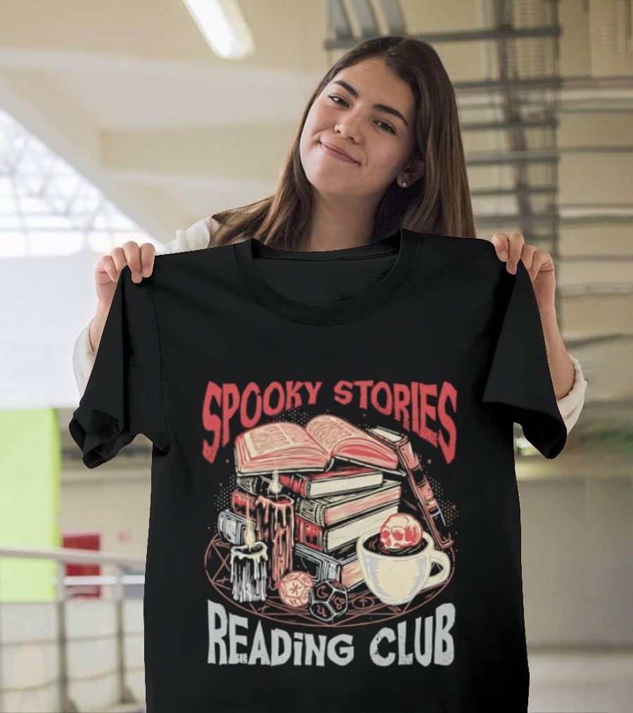 Spooky Stories Reading Club Books Candles Skulls And Cup T-Shirt
