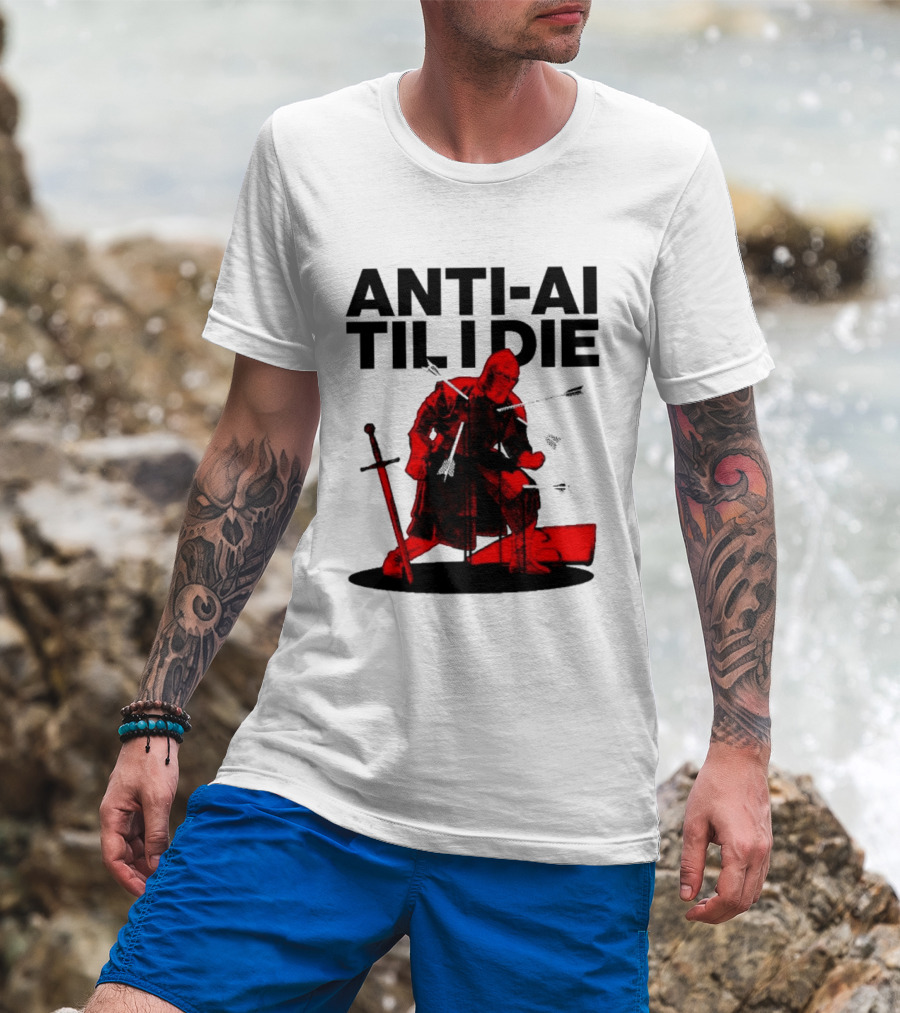 ANTI AI TIL I DIE Medieval Warrior Kneeling With Sword And Arrows T-Shirt