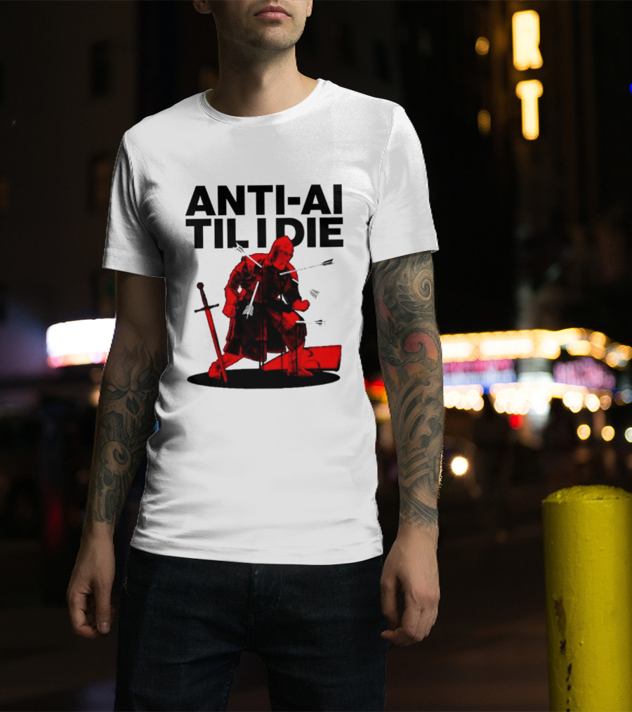 ANTI AI TIL I DIE Medieval Warrior Kneeling With Sword And Arrows T-Shirt