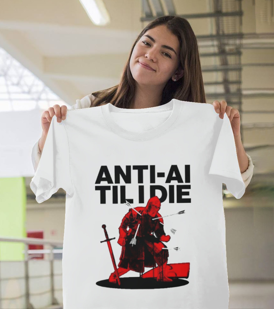 ANTI AI TIL I DIE Medieval Warrior Kneeling With Sword And Arrows T-Shirt