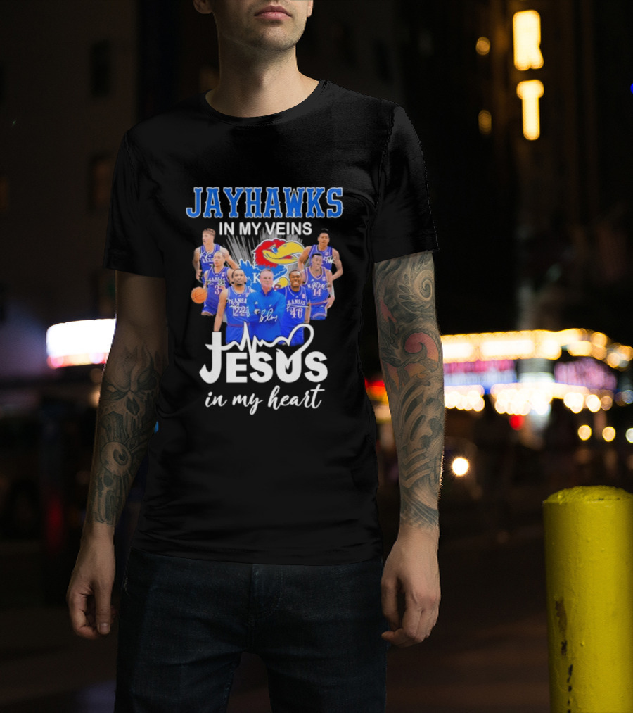 Jayhawks In My Veins Jesus In My Heart Kansas Basketball Coach Bill Self Players T-Shirt