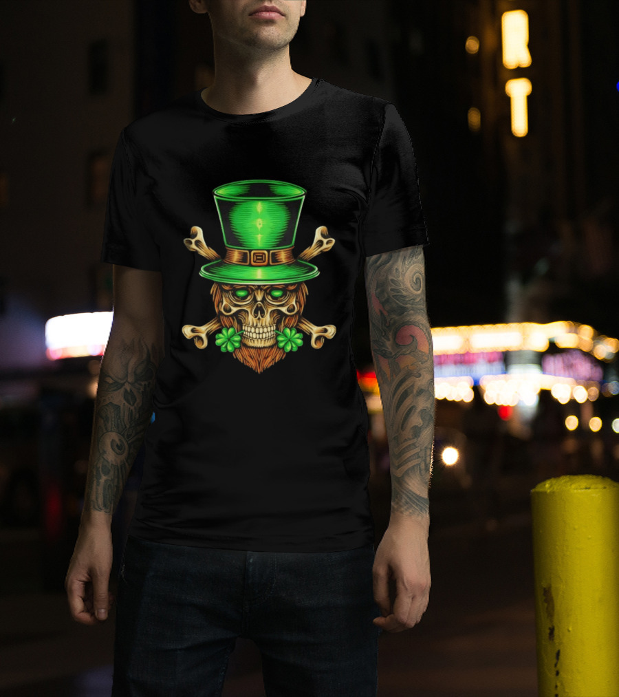 Leprechaun Irish Skull Clover Crossbones Green Top Hat St Patrick's Day T-Shirt