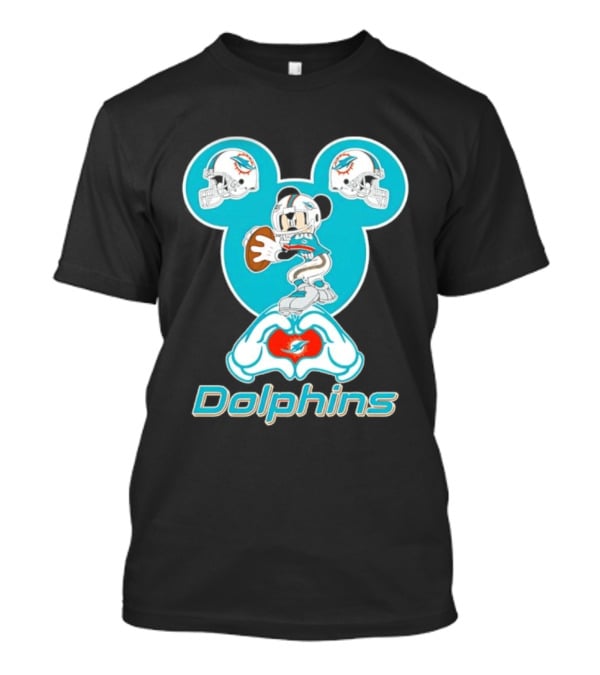 Miami Dolphins Mickey Mouse Heart Hands Football Helmets T-Shirt