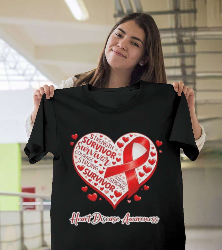 Survivor Strength Courage Strong Heart Disease Awareness Red Ribbon T-Shirt