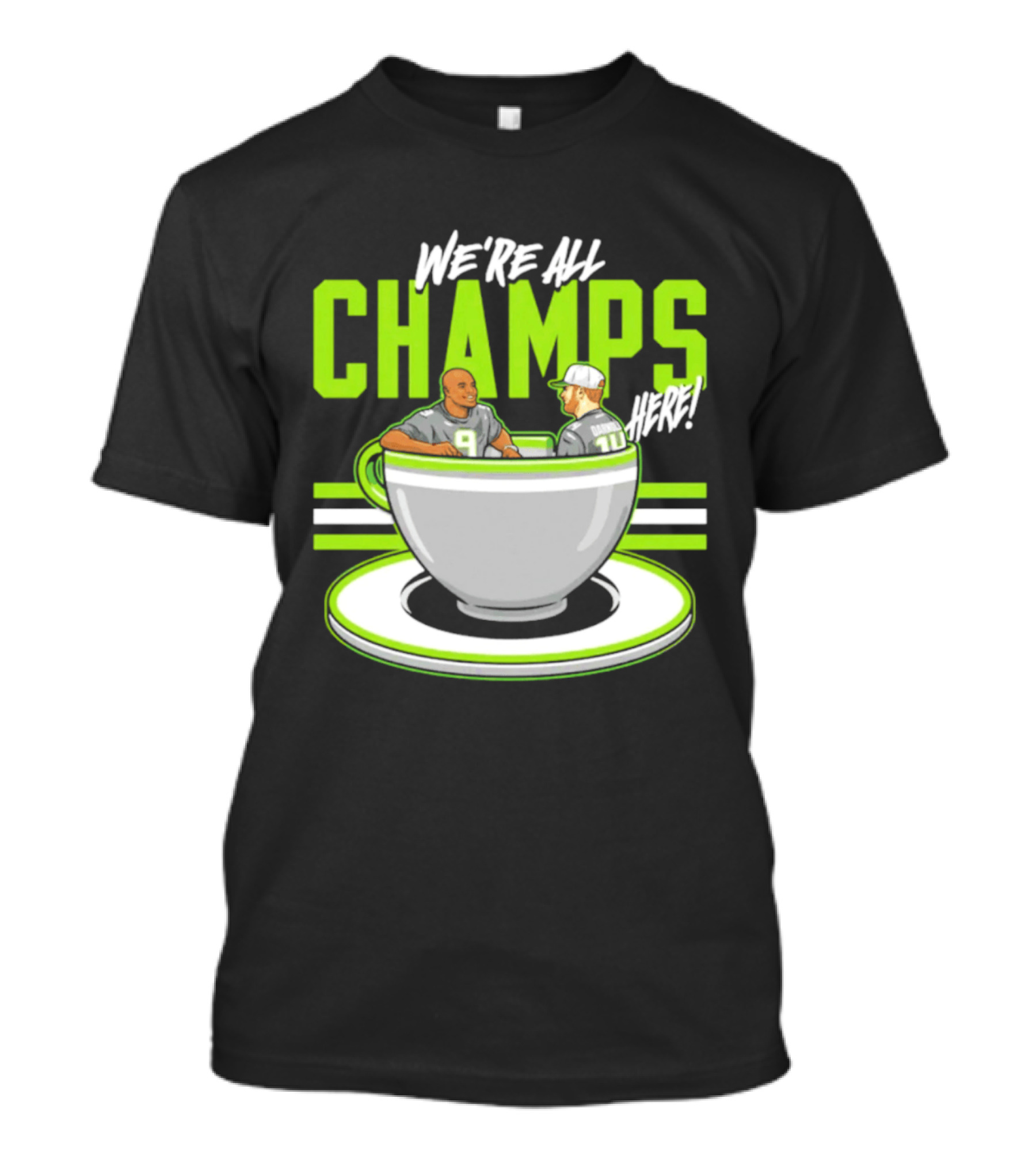 We're All Champs Here Kenneth Walker III Sam Darnold Seattle Tea Cup T-Shirt