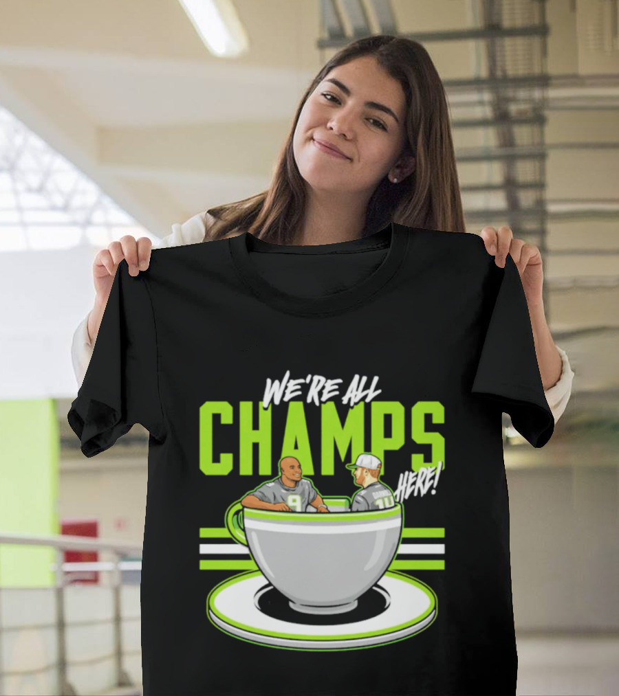 We're All Champs Here Kenneth Walker III Sam Darnold Seattle Tea Cup T-Shirt
